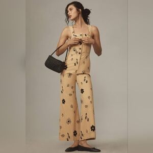 Anthropology/ Maeve Beige Floral Button-Front Jumpsuit